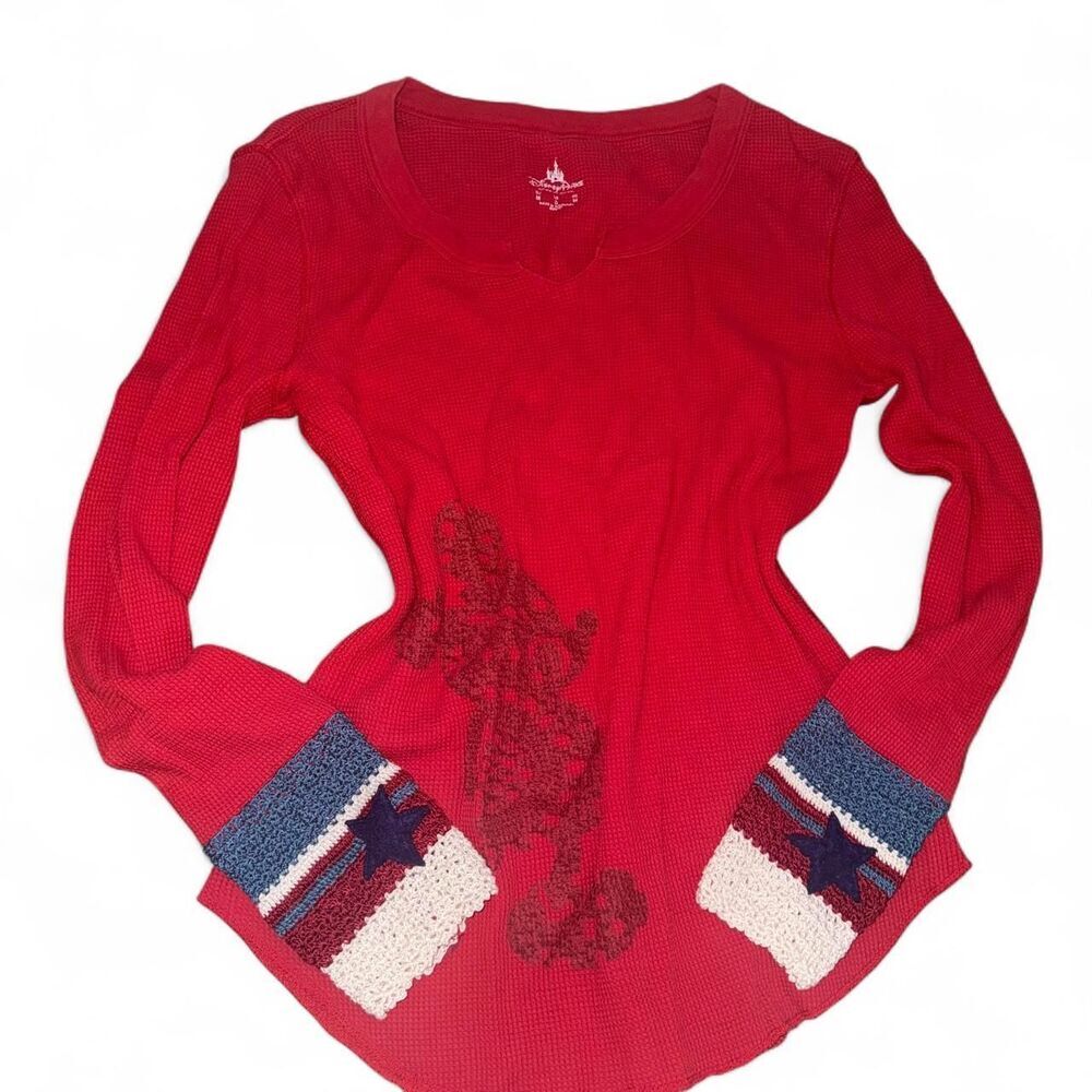 VINTAGE Disney Parks authentic red long sleeve shirt crochet sleeves Size S/M